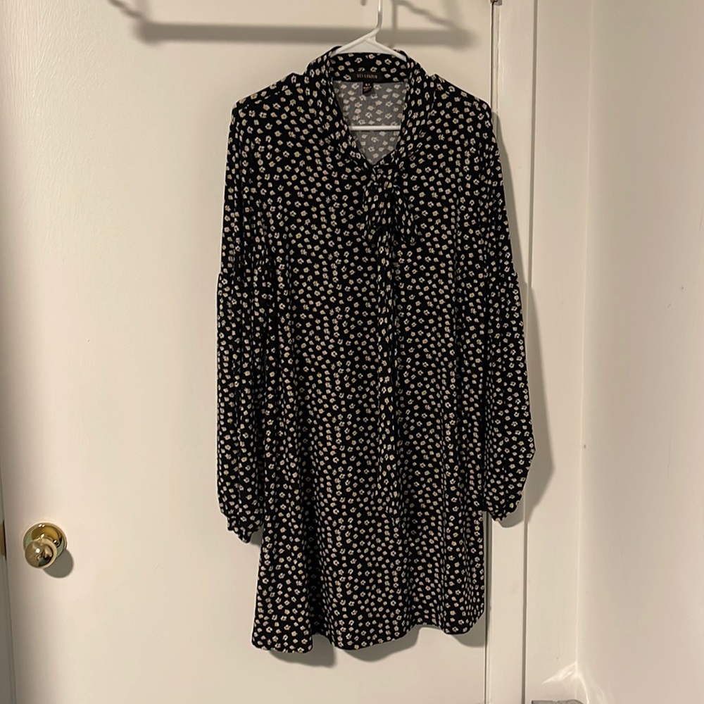 QED London Neck Tie Soft Black Dress with Yellow and White Print